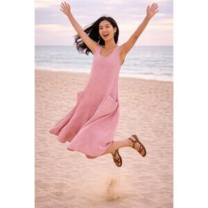 Sleeveless 100% Cotton Midi Dress with Pockets Pink Red size 14